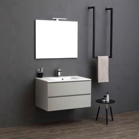 Meuble de salle de bain suspendu 90cm 2 tiroirs gris perle, lavabo en résine, miroir 90x70 avec lampe - valentina