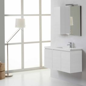 Meuble de salle de bain suspendu 90cm 3 portes blanc forêt, lavabo à droite, miroir avec armoire murale à gauche - manhattan