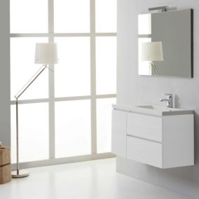 Meuble de salle de bain suspendu 90cm blanc forêt, 2 tiroirs et 1 porte, lavabo avec vasque à droite et miroir 90x70 - manhattan