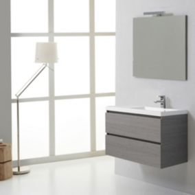 Meuble de salle de bain suspendu 90cm gris, 2 tiroirs, lavabo avec vasque décentrée à droite - manhattan