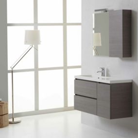 Meuble de salle de bain suspendu 90cm lavabo décentré à gauche et miroir avec armoire murale à droite - manhattan