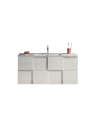 Meuble de salle de bain suspendu avec 1 vasque et 2 tiroirs, collection KUBRICK. Coloris blanc brillant