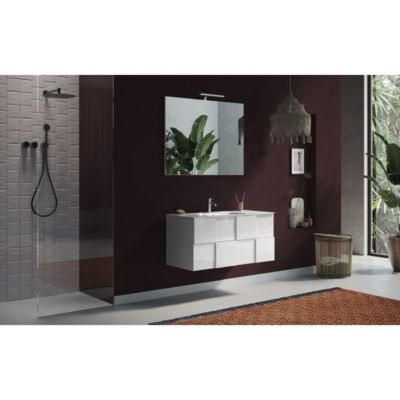 Meuble de salle de bain suspendu avec 1 vasque et 2 tiroirs, collection KUBRICK. Coloris blanc brillant