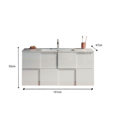 Meuble de salle de bain suspendu avec 1 vasque et 2 tiroirs, collection KUBRICK. Coloris blanc brillant