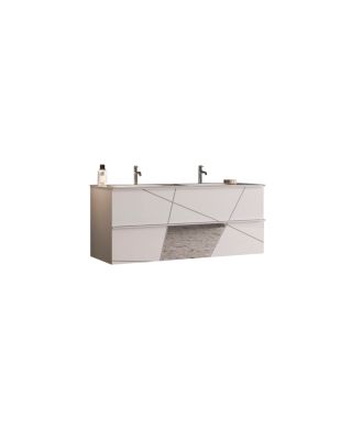 Meuble de salle de bain suspendu avec deux vasques et 2 tiroirs, collection VITARIO. Coloris blanc brillant