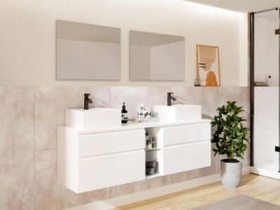 Meuble de salle de bain suspendu avec double vasque et miroirs - Blanc - L150 cm - MAGDALENA II