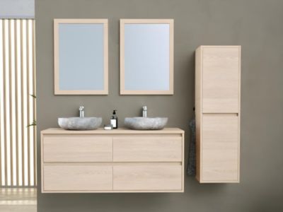 Meuble de salle de bain suspendu avec double vasque à poser en pierre, miroir et colonne - 120 cm - MILIPAM