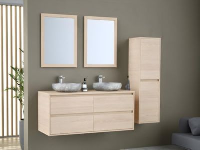 Meuble de salle de bain suspendu avec double vasque à poser en pierre, miroir et colonne - 120 cm - MILIPAM