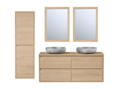 Meuble de salle de bain suspendu avec double vasque à poser en pierre, miroir et colonne - 120 cm - MILIPAM
