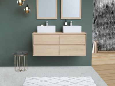 Meuble de salle de bain suspendu avec double vasque à poser et miroir - Placage chêne - 120 cm - MILIPAM
