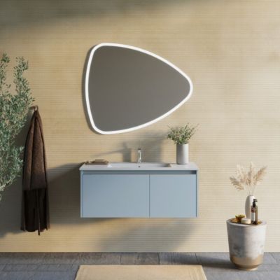 Meuble De Salle De Bain Suspendu Avec Lavabo 100Cm Bleu Mat, Miroir À Led - Monaco