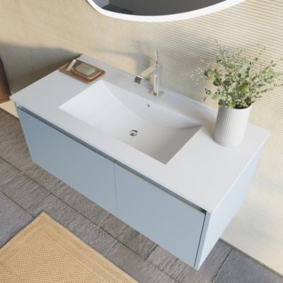 Meuble De Salle De Bain Suspendu Avec Lavabo 100Cm Bleu Mat, Miroir À Led - Monaco