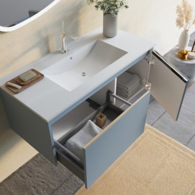 Meuble De Salle De Bain Suspendu Avec Lavabo 100Cm Bleu Mat, Miroir À Led - Monaco