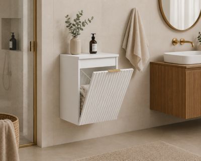 Meuble de salle de bain suspendu avec panier, Blanc / plan Blanc, poignée dorée, 40 x 46 x 58,6 cm