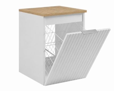 Meuble de salle de bain suspendu avec panier, Blanc / plan Chêne clair, poignée argentée, 40 x 46 x 58,6 cm