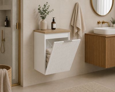Meuble de salle de bain suspendu avec panier, Blanc / plan Chêne clair, poignée argentée, 40 x 46 x 58,6 cm
