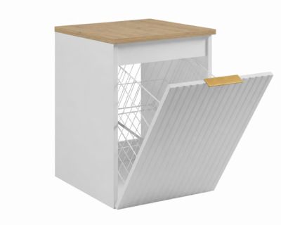 Meuble de salle de bain suspendu avec panier, Blanc / plan Chêne clair, poignée dorée, 40 x 46 x 58,6 cm