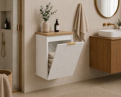 Meuble de salle de bain suspendu avec panier, Blanc / plan Chêne clair, poignée dorée, 40 x 46 x 58,6 cm