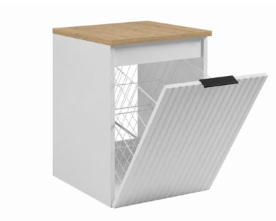 Meuble de salle de bain suspendu avec panier, Blanc / plan Chêne clair, poignée noire, 40 x 46 x 58,6 cm
