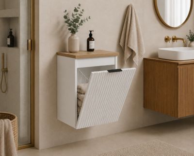Meuble de salle de bain suspendu avec panier, Blanc / plan Chêne clair, poignée noire, 40 x 46 x 58,6 cm