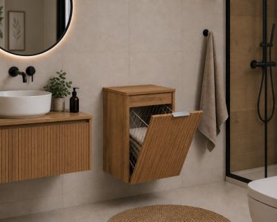 Meuble de salle de bain suspendu avec panier, Chêne craft / plan Chêne craft, poignée argentée, 40 x 46 x 58,6 cm