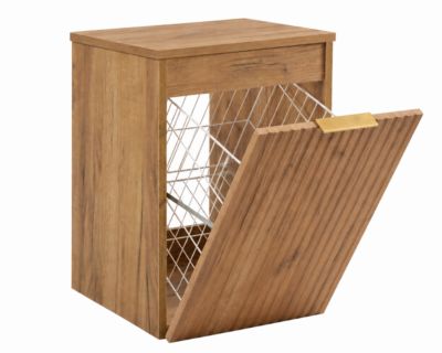 Meuble de salle de bain suspendu avec panier, Chêne craft / plan Chêne craft, poignée dorée, 40 x 46 x 58,6 cm