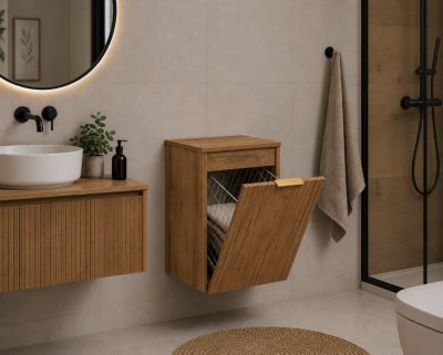 Meuble de salle de bain suspendu avec panier, Chêne craft / plan Chêne craft, poignée dorée, 40 x 46 x 58,6 cm