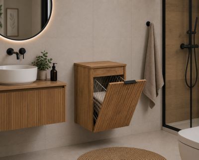 Meuble de salle de bain suspendu avec panier, Chêne craft / plan Chêne craft, poignée noire, 40 x 46 x 58,6 cm