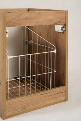 Meuble de salle de bain suspendu avec panier, Chêne craft / plan Chêne craft, poignée noire, 40 x 46 x 58,6 cm
