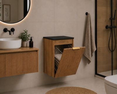Meuble de salle de bain suspendu avec panier, Chêne craft / plan Noir, poignée dorée, 40 x 46 x 58,6 cm