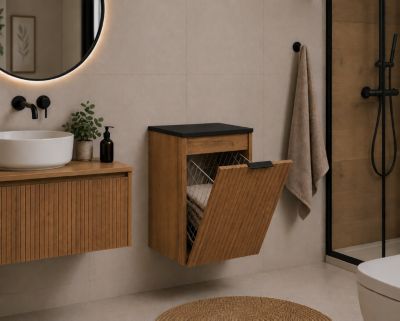 Meuble de salle de bain suspendu avec panier, Chêne craft / plan Noir, poignée noire, 40 x 46 x 58,6 cm