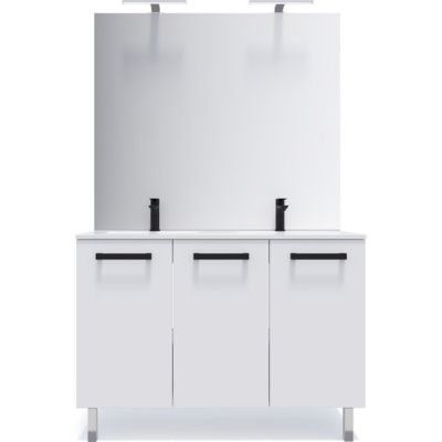 Meuble de salle de bain suspendu avec pieds double vasque intégrée 120cm 3 portes Blanc + miroir - Chelsea