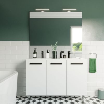 Meuble de salle de bain suspendu avec pieds double vasque intégrée 120cm 3 portes Blanc + miroir - Chelsea