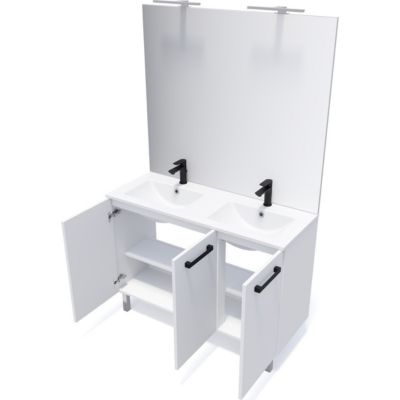 Meuble de salle de bain suspendu avec pieds double vasque intégrée 120cm 3 portes Blanc + miroir - Chelsea