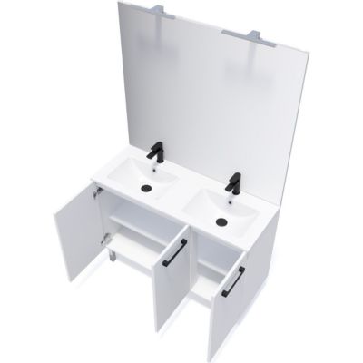 Meuble de salle de bain suspendu avec pieds double vasque intégrée 120cm 3 portes Blanc + miroir - Chelsea