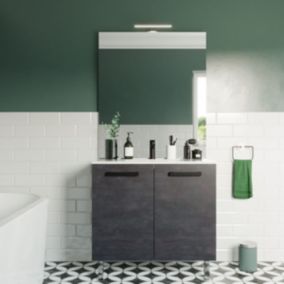Meuble de salle de bain suspendu avec pieds vasque intégrée 90cm 2 portes Ardoise métallisée + miroir - Chelsea