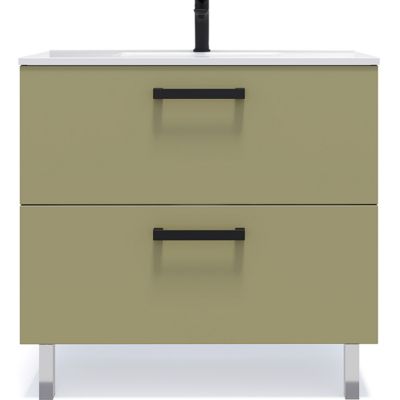 Meuble de salle de bain suspendu avec pieds vasque intégrée 90cm 2 tiroirs Vert olive - Chelsea
