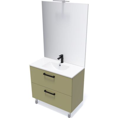 Meuble de salle de bain suspendu avec pieds vasque intégrée 90cm 2 tiroirs Vert olive - Chelsea