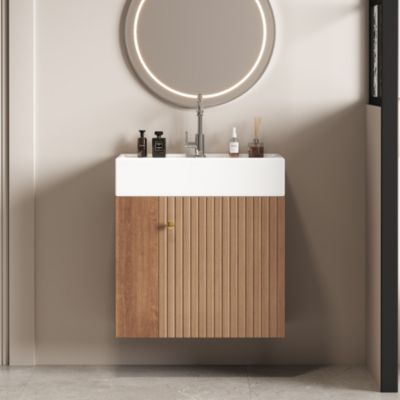 Meuble de salle de bain suspendu avec vasque carreé - 1 porte et 4 compartimrnts - Marron(robinet non inclus)