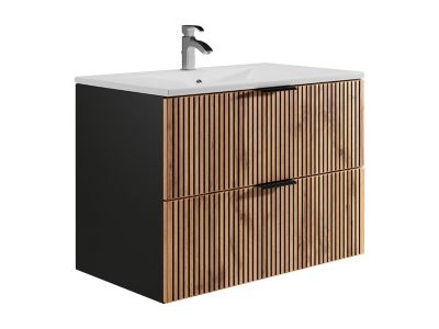 Meuble de salle de bain suspendu avec vasque à encastrer - Naturel clair et noir - 80 cm - MADELA