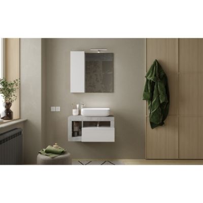 Meuble de salle de bain suspendu avec vasque et 1 tiroir, longueur 79cm, collection BURA, coloris blanc brillant et béton