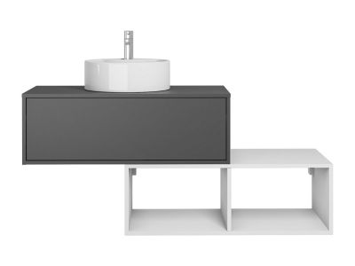 Meuble de salle de bain suspendu avec vasque ronde - 1 tiroir gris anthracite et 2 niches blanches - 94 cm - TEANA II