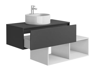 Meuble de salle de bain suspendu avec vasque ronde - 1 tiroir gris anthracite et 2 niches blanches - 94 cm - TEANA II