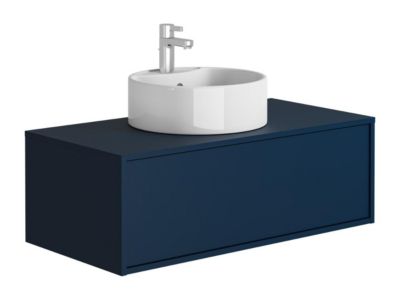 Meuble de salle de bain suspendu coloris bleu nuit avec simple vasque ronde - 94 cm - TEANA II