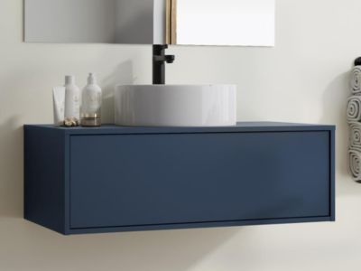 Meuble de salle de bain suspendu coloris bleu nuit avec simple vasque ronde - 94 cm - TEANA II
