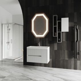 Meuble de salle de bain suspendu de 80 cm avec miroir octogonal à LED Cortina