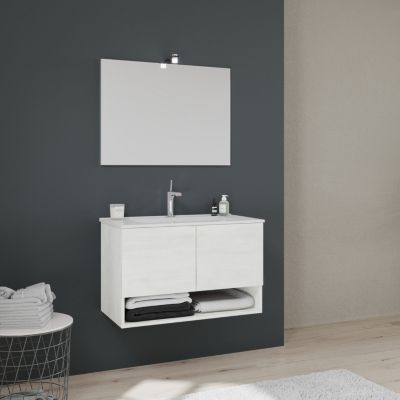 Meuble De Salle De Bain Suspendu De 80 Cm Avec Portes En Chêne Blanc Effet Bois Venezia