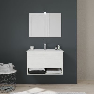 Meuble De Salle De Bain Suspendu De 80 Cm Avec Portes En Chêne Blanc Effet Bois Venezia
