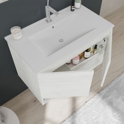 Meuble De Salle De Bain Suspendu De 80 Cm Avec Portes En Chêne Blanc Effet Bois Venezia