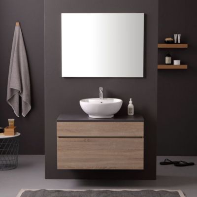 Meuble De Salle De Bain Suspendu De 90 Cm En Chêne Naturel, Avec Dessus Anthracite Et Lavabo Sur Pied Sole.